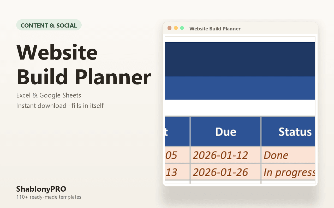 Website Build Planner | Website Planner | Excel & Google Sheets Template