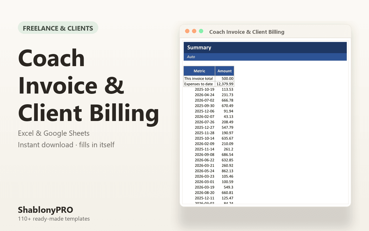 Coach Invoice & Client Billing | Coaching Invoice | Excel & Google Sheets Templa