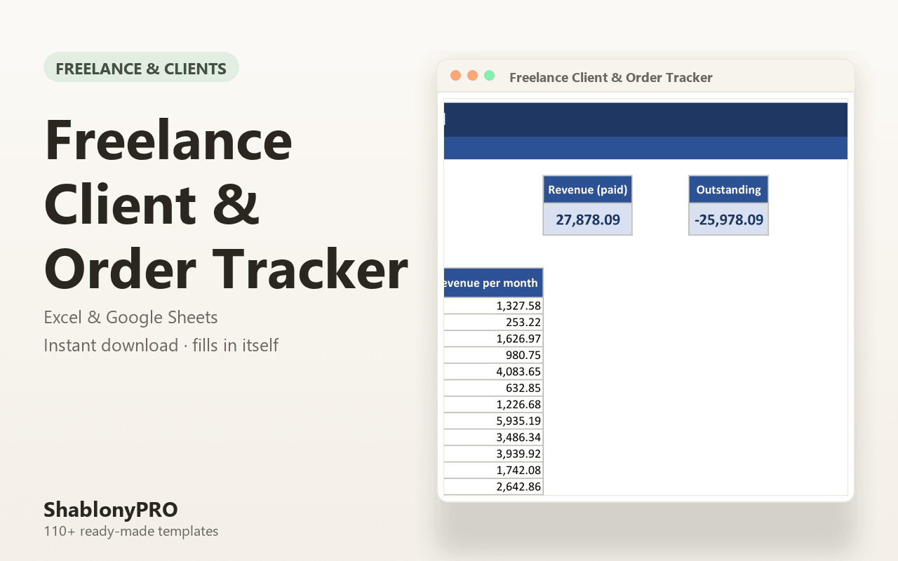 Freelance Client & Order Tracker | Freelance Crm | Excel & Google Sheets Templat