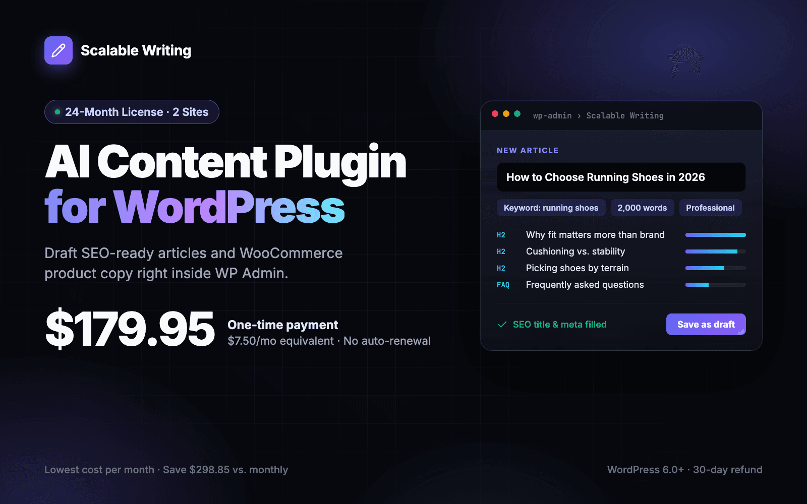 Scalable Writing AI content plugin for WordPress, 24-Month license for 2 sites at $179.95 one-time