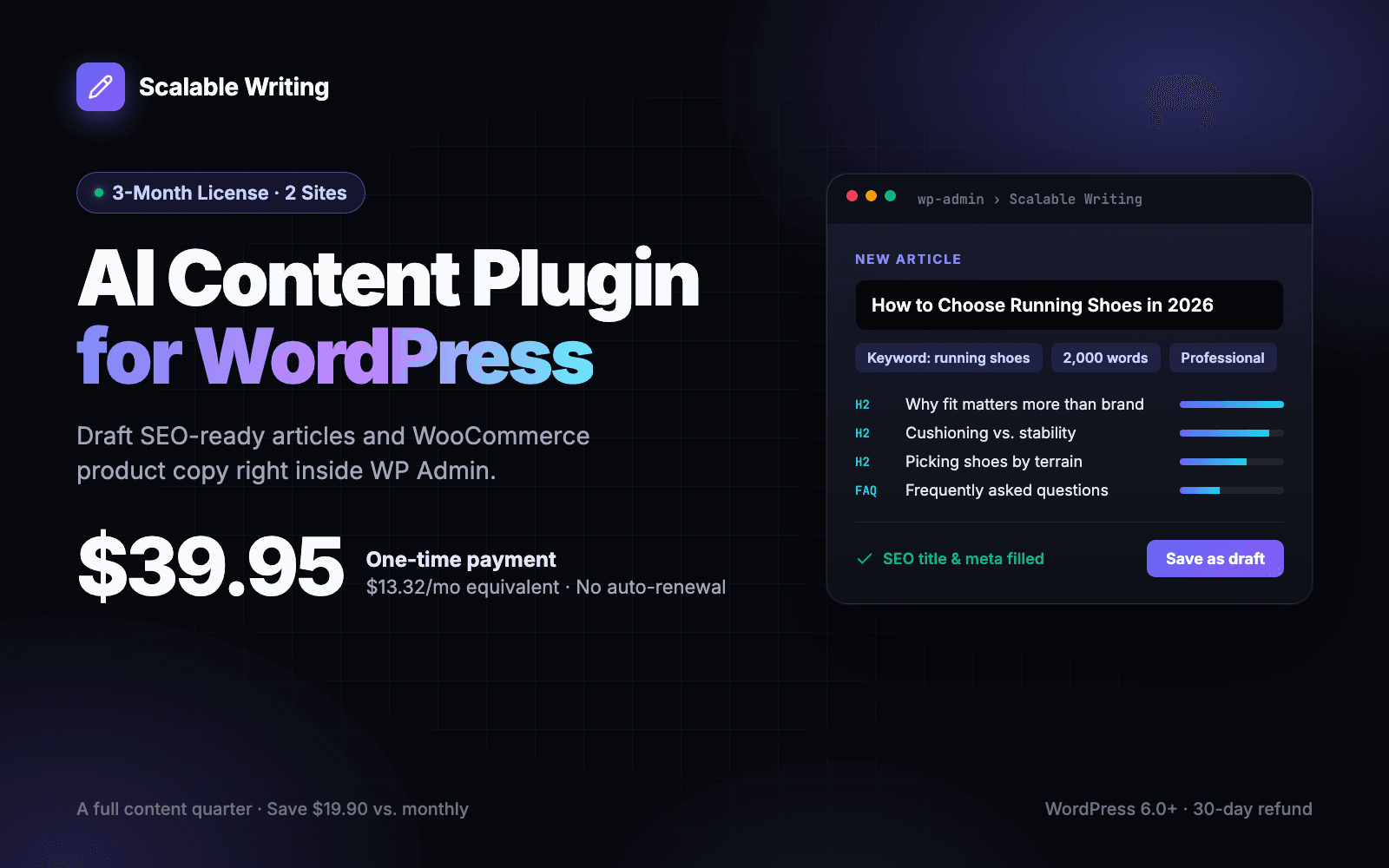 Scalable Writing AI content plugin for WordPress, 3-Month license for 2 sites at $39.95 one-time