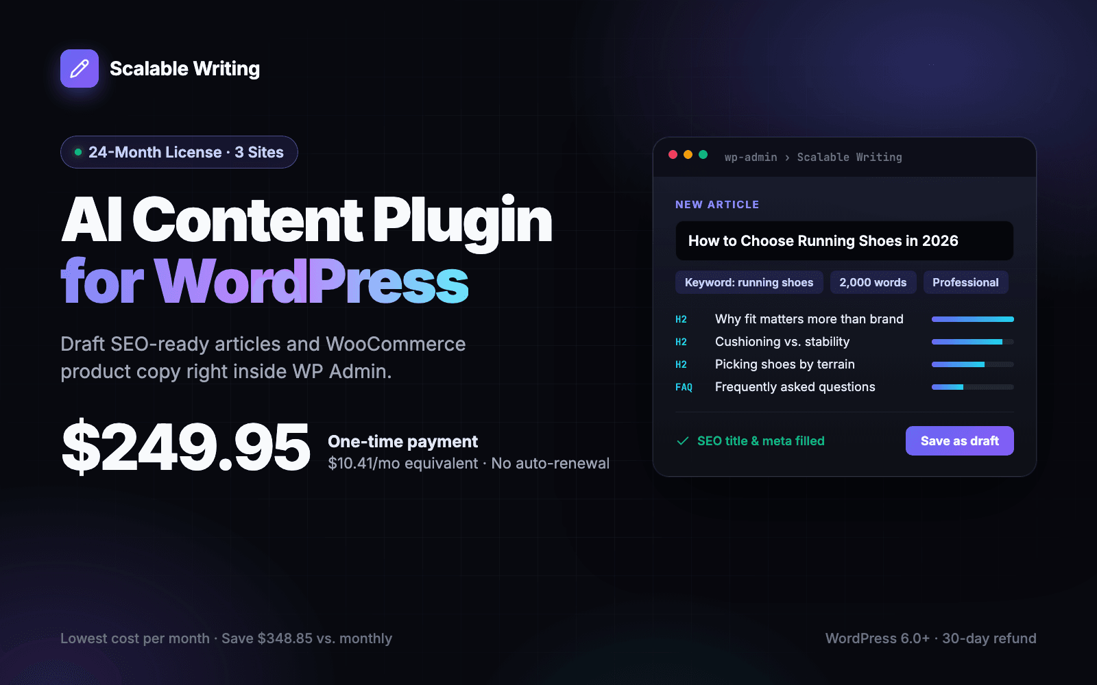 Scalable Writing AI content plugin for WordPress, 24-Month license for 3 sites at $249.95 one-time