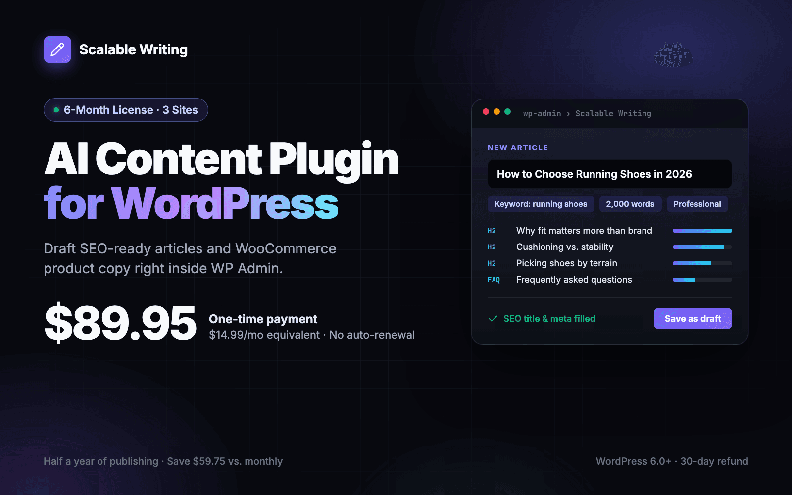 Scalable Writing AI content plugin for WordPress, 6-Month license for 3 sites at $89.95 one-time