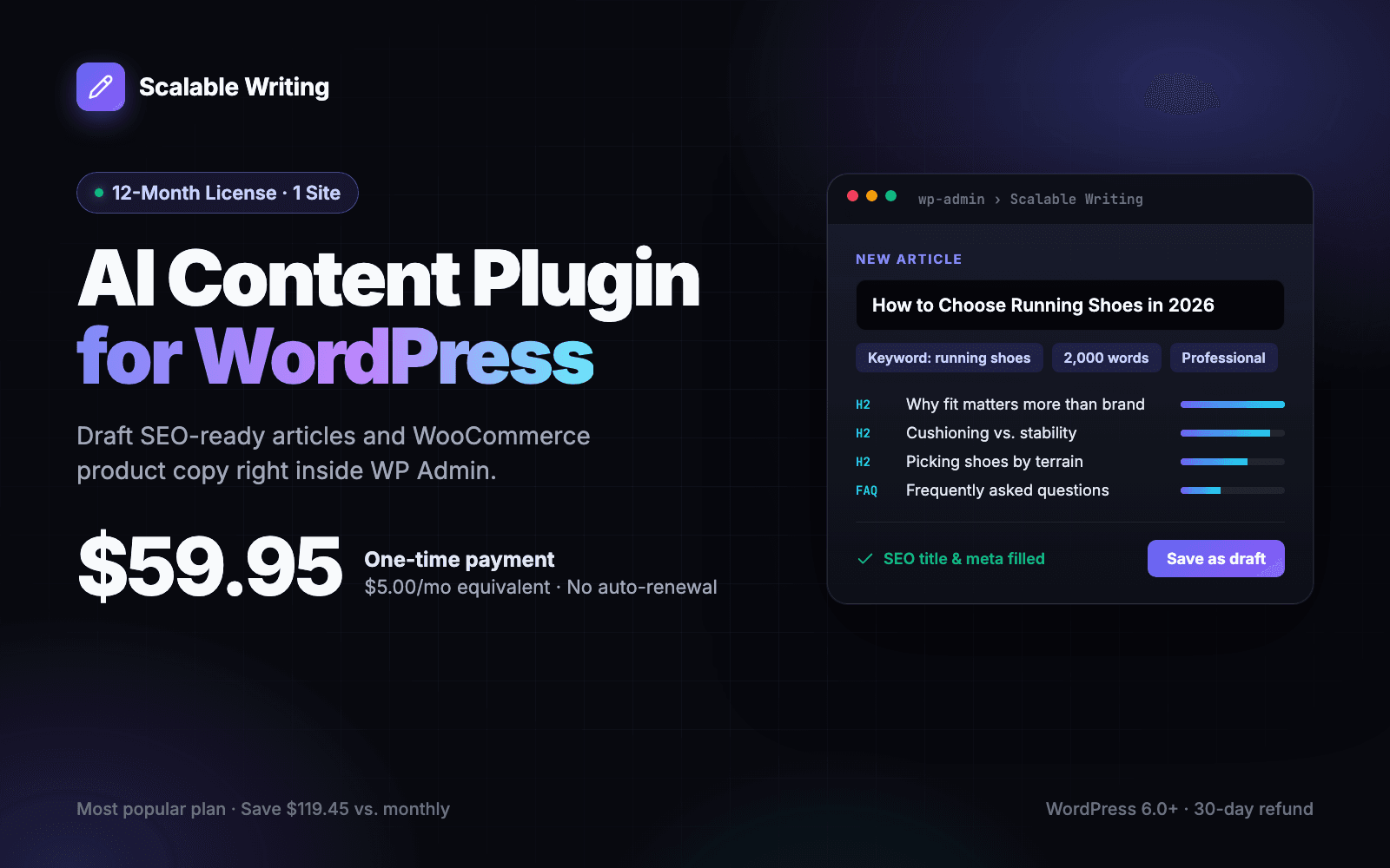 Scalable Writing AI content plugin for WordPress, 12-Month license for 1 site at $59.95 one-time