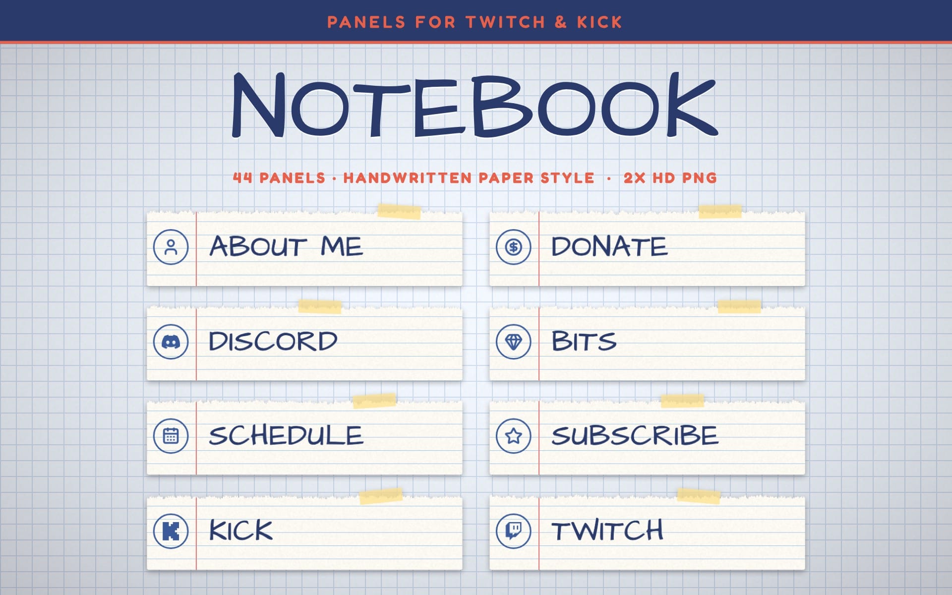 Notebook Twitch Panels template with 44 handwritten-style panel cards labeled about me, donate, schedule, subscribe