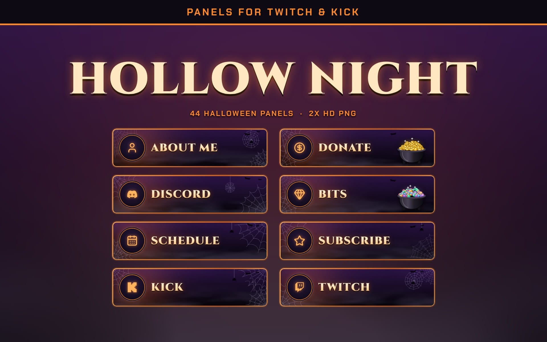 Hollow Night Halloween Twitch panels design with dark purple background and orange framed buttons like about, donate