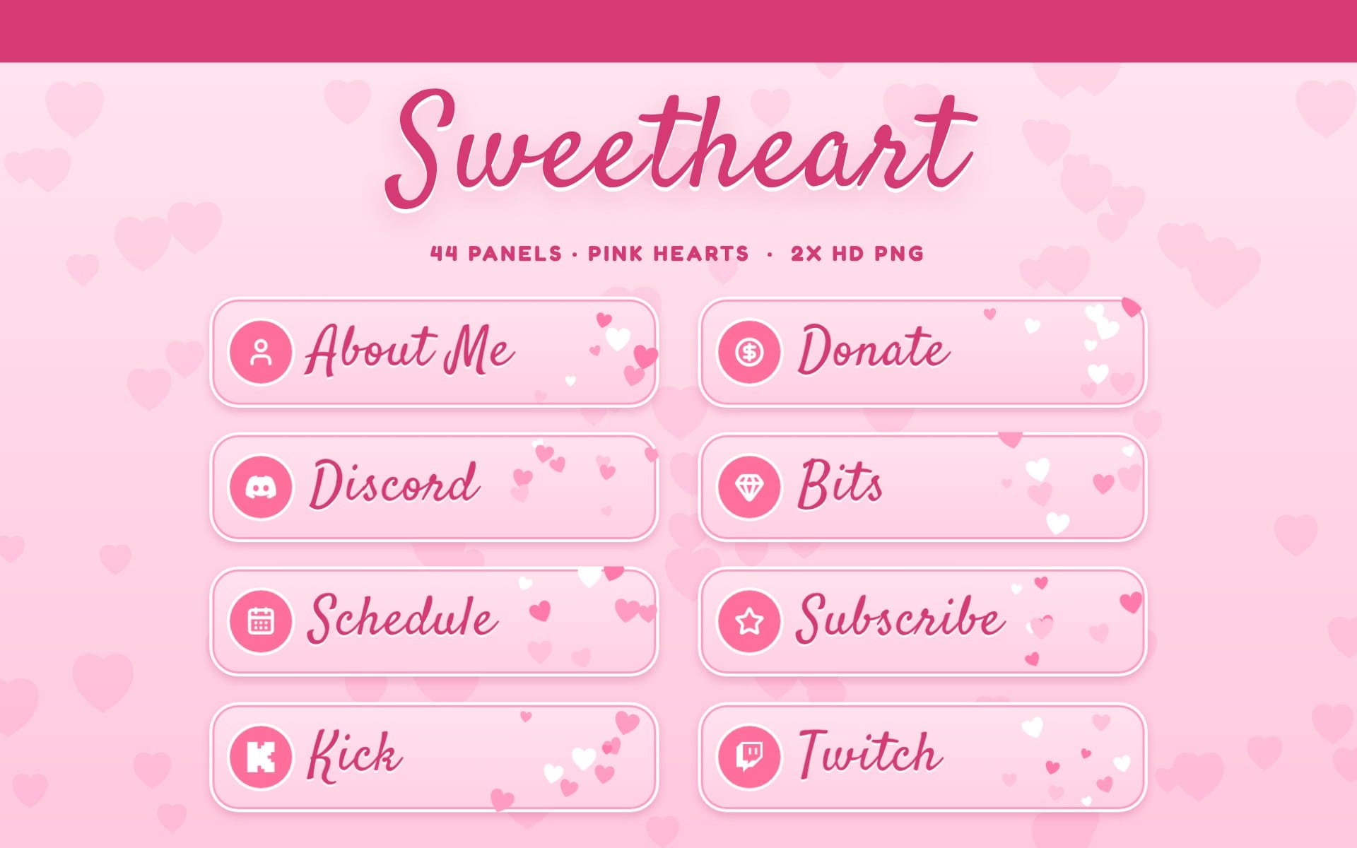 Pink sweetheart Twitch panels set with heart icons and six rounded banner buttons on a pastel background