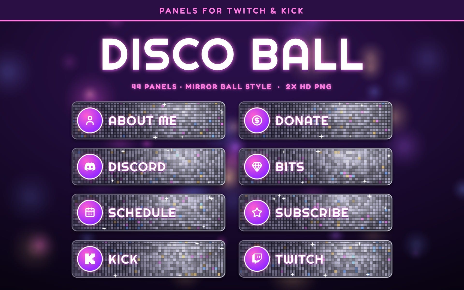 Neon disco ball themed Twitch panel set with six channel buttons on a purple grid background