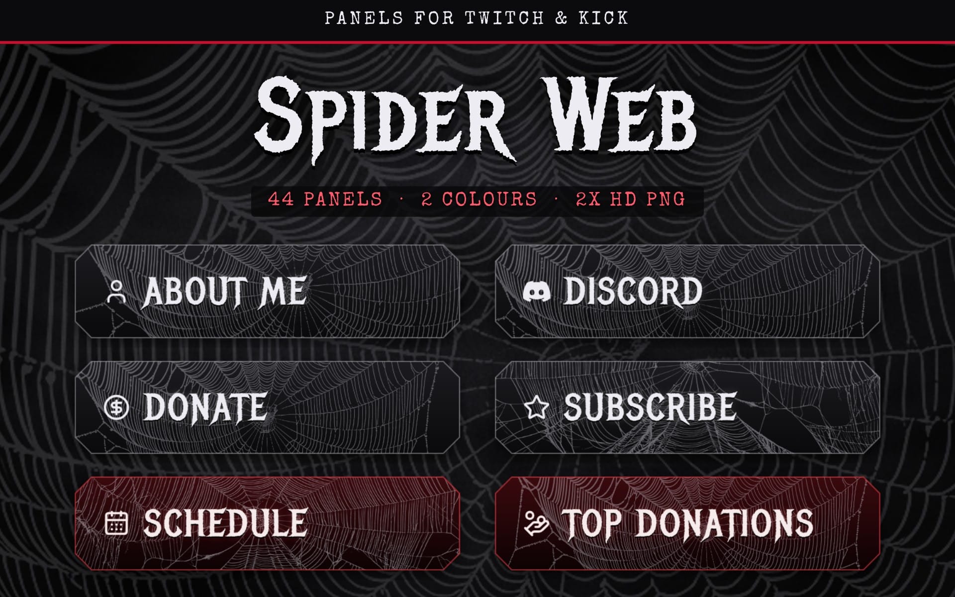 Set of spider web Twitch and Kick panel designs with labels about me, discord, donate, subscribe, schedule, top