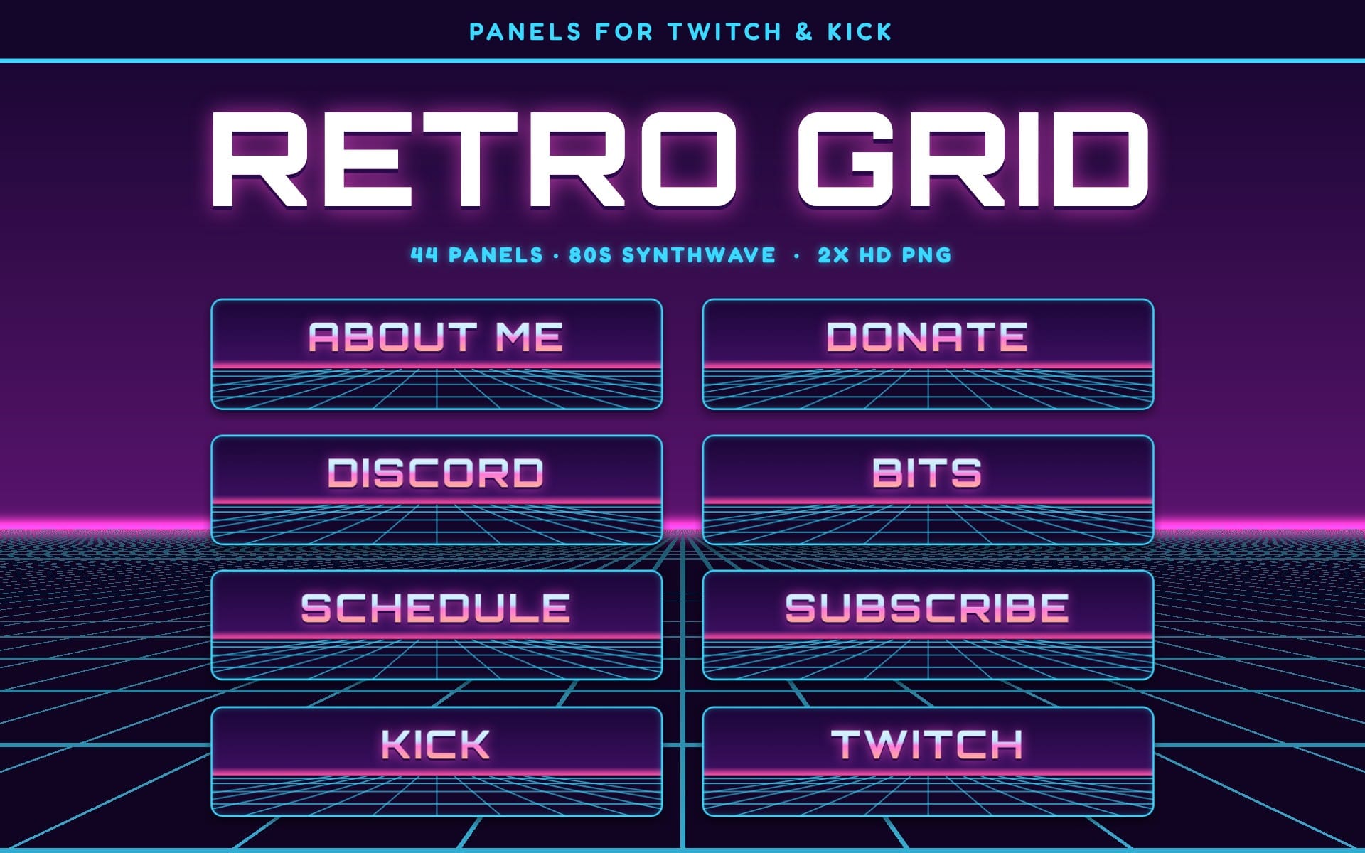 Retro grid twitch and kick stream panel set with neon UI text like RETRO, ABOUT ME, DONATE, SUBSCRIBE