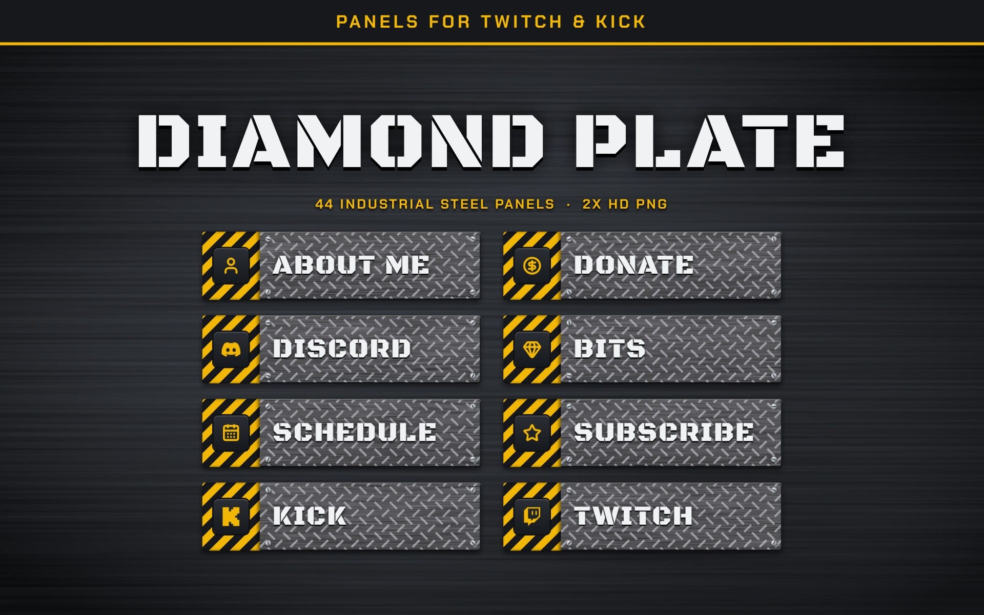 Set of diamond plate Twitch and Kick notification panels with icons and metal textured backgrounds for streaming