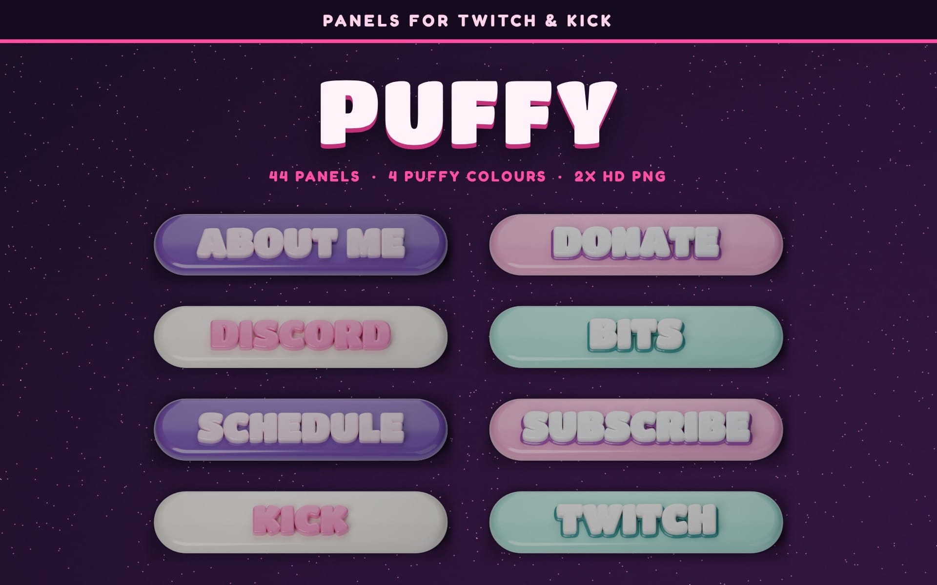 Puffy Twitch and Kick panel button set with colorful 3D text labels on a starry purple background
