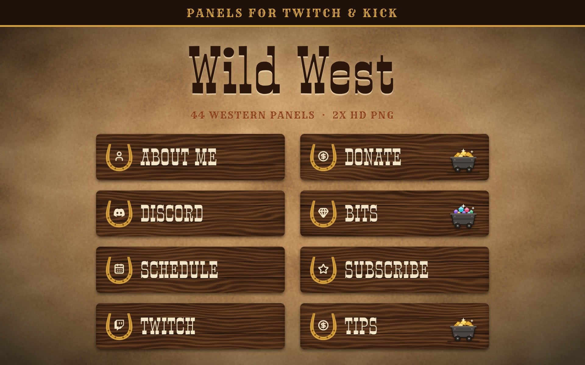 Wild West style Twitch and Kick overlay panels with wooden banners showing About, Donate, Discord, BITS, Schedule and