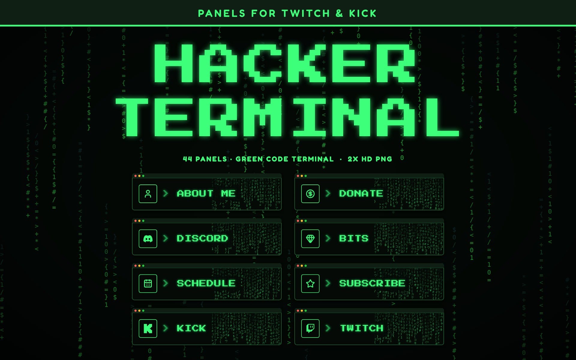 Neon green hacker-themed Twitch and Kick terminal panels design with code background and multiple button layouts