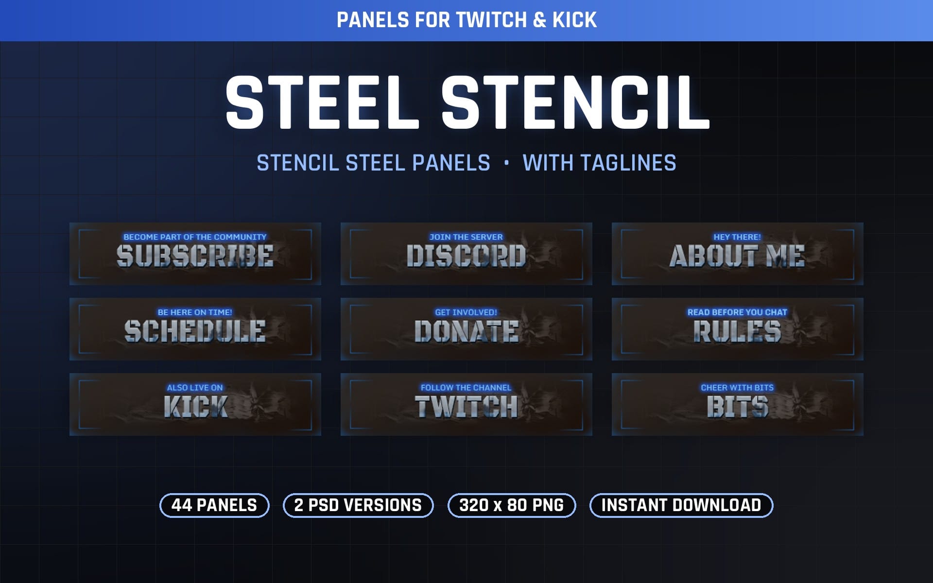 Digital Twitch and Kick overlay panels set with steel-themed stencil typography and subscriber callout buttons