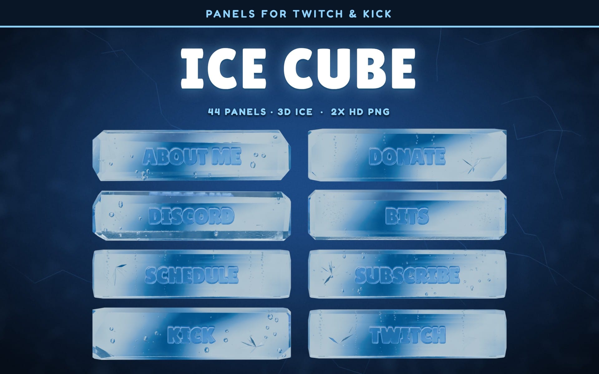 Ice Cube themed Twitch and Kick stream panels set with icy 3D buttons and labels like donate and subscribe