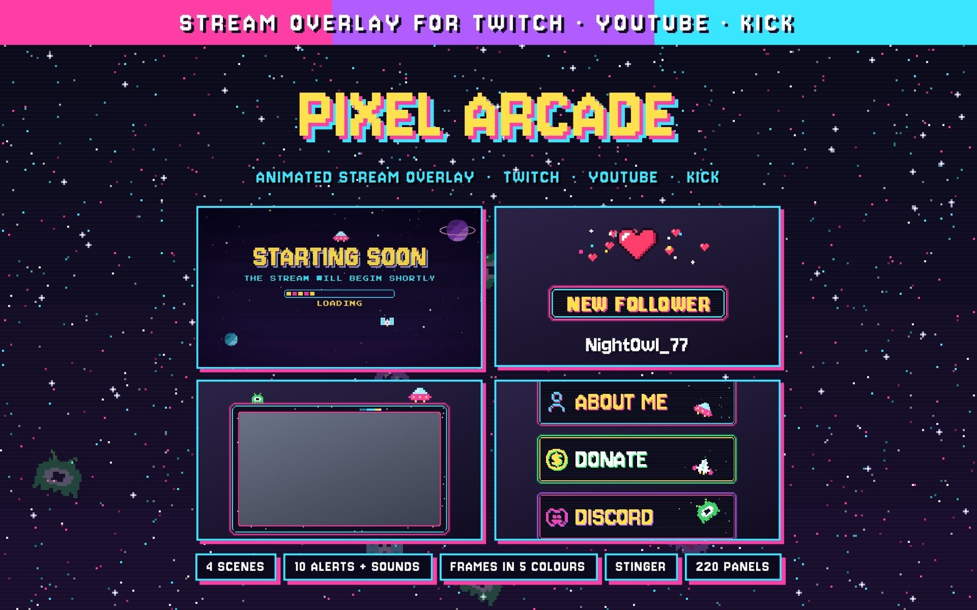 Pixel arcade themed animated Twitch stream overlay package with four panels, alerts, and about me donate discord