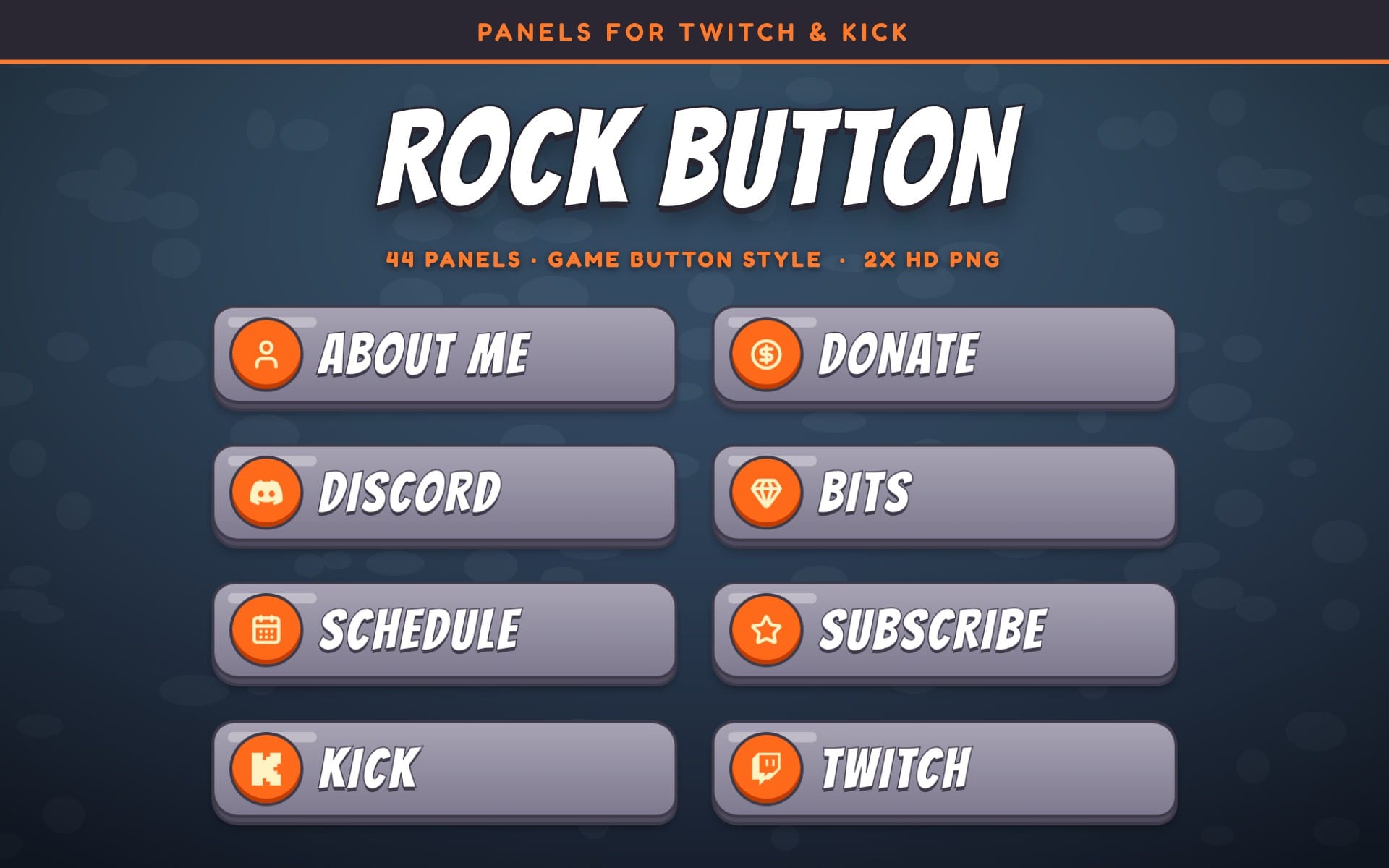 Rock Button Twitch panels with six game buttons for about, donate, discord, bits, schedule, subscribe, kick, twitch