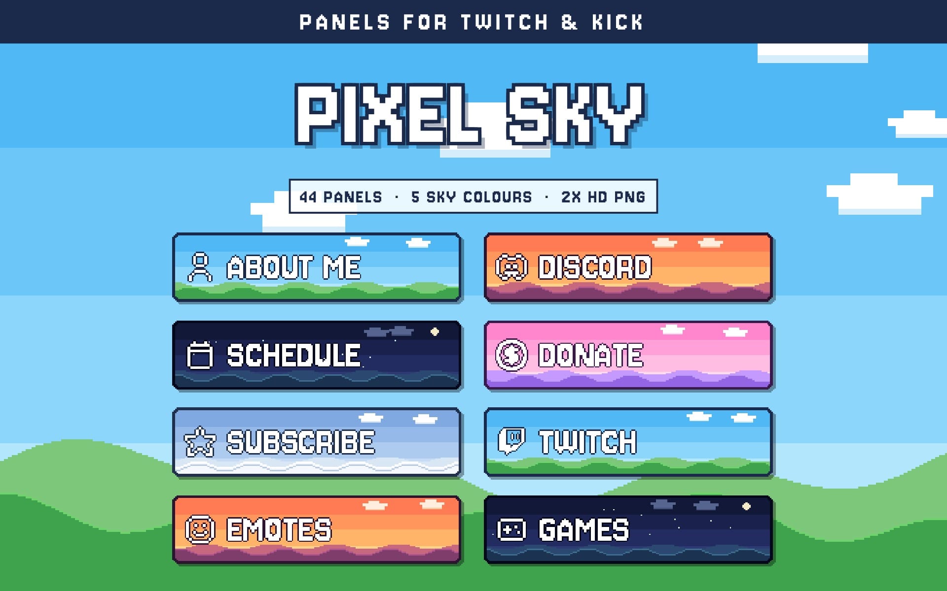 Pixel art Twitch and Kick profile panels bundle with sky-themed buttons reading About, Discord, Schedule, Donate