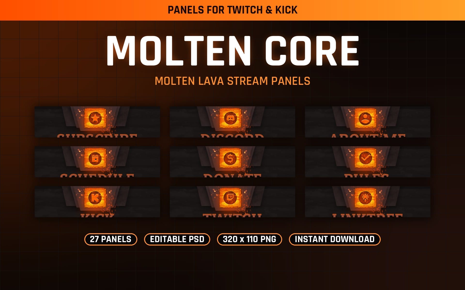 Molten Core Twitch panels set with molten lava themed stream alert graphics and icons on dark background
