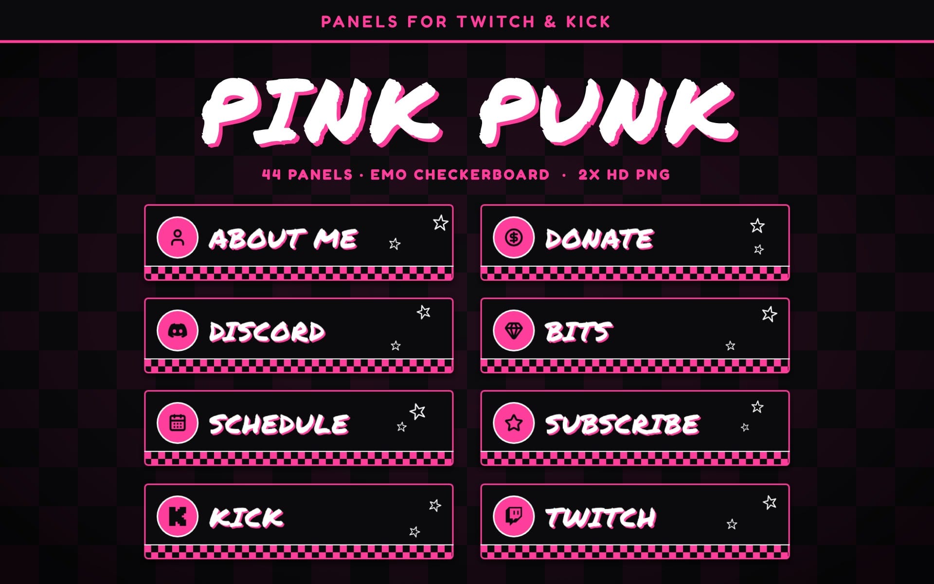 Pink punk Twitch panels with about me, donate, discord, bits, schedule, subscribe, kick, twitch sections