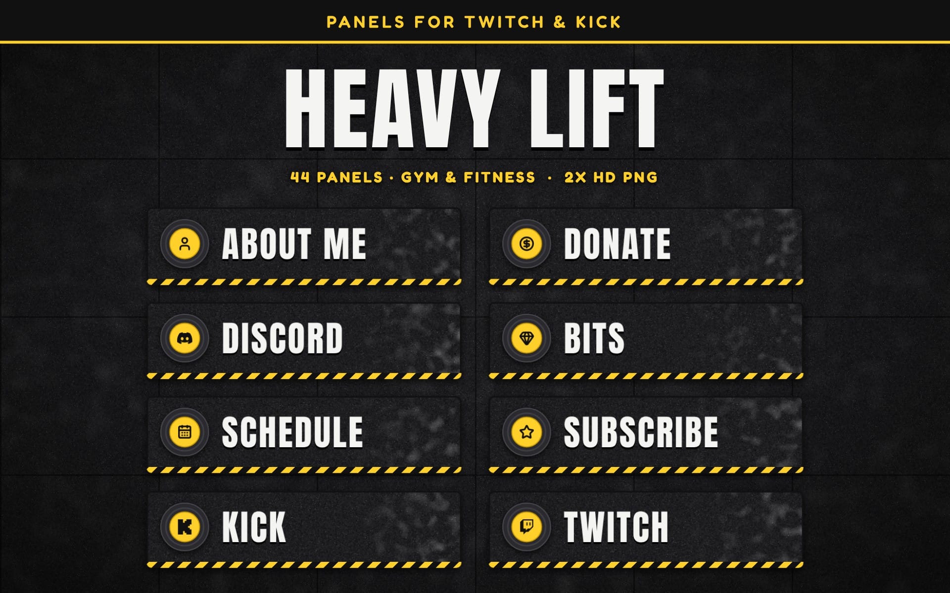 Gaming stream overlay panels for Twitch and Kick with heavy lift gym fitness theme and buttons like About Me Donate
