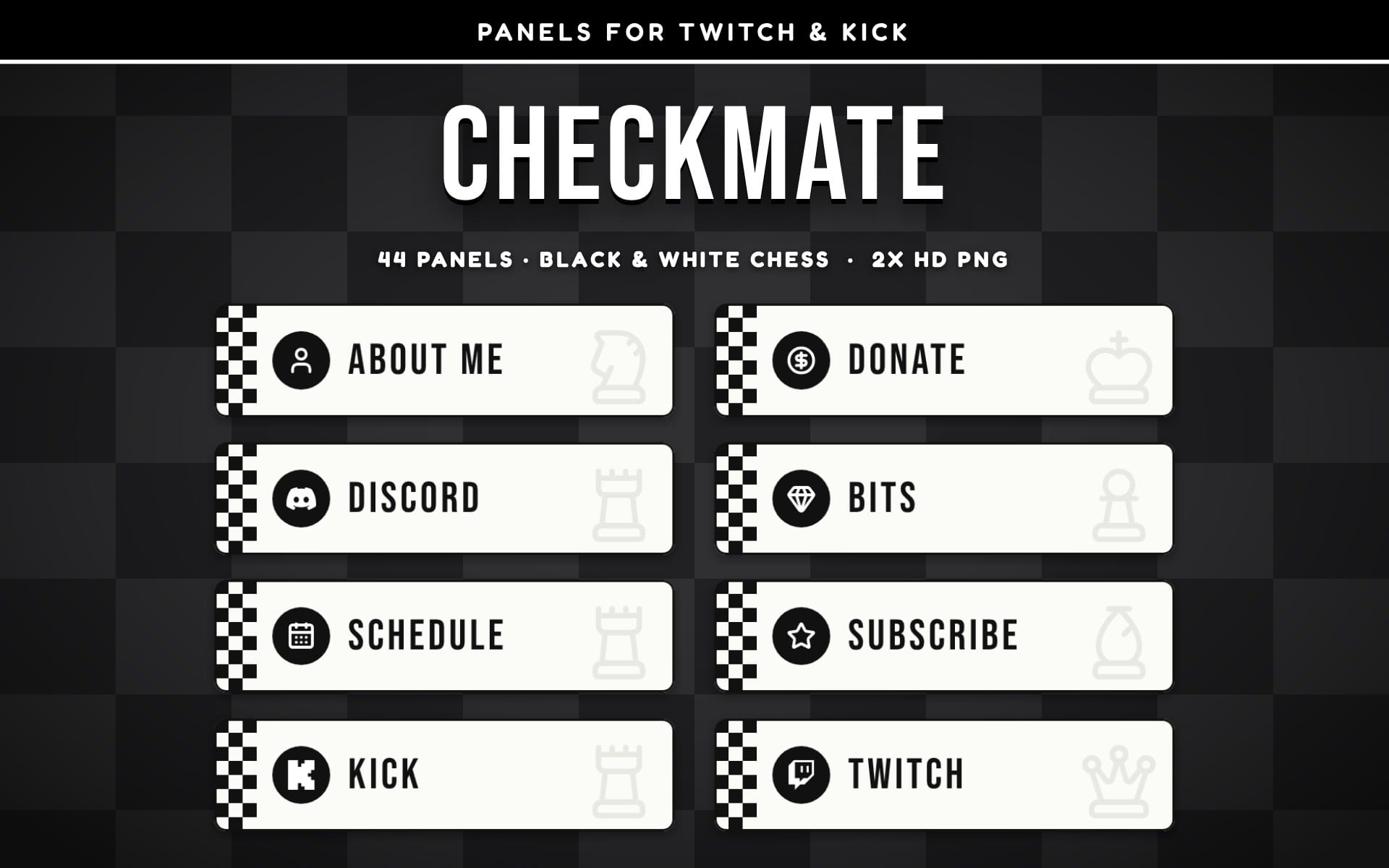 Set of Checkmate branded Twitch and Kick overlay panels with black and white chess icons and labels