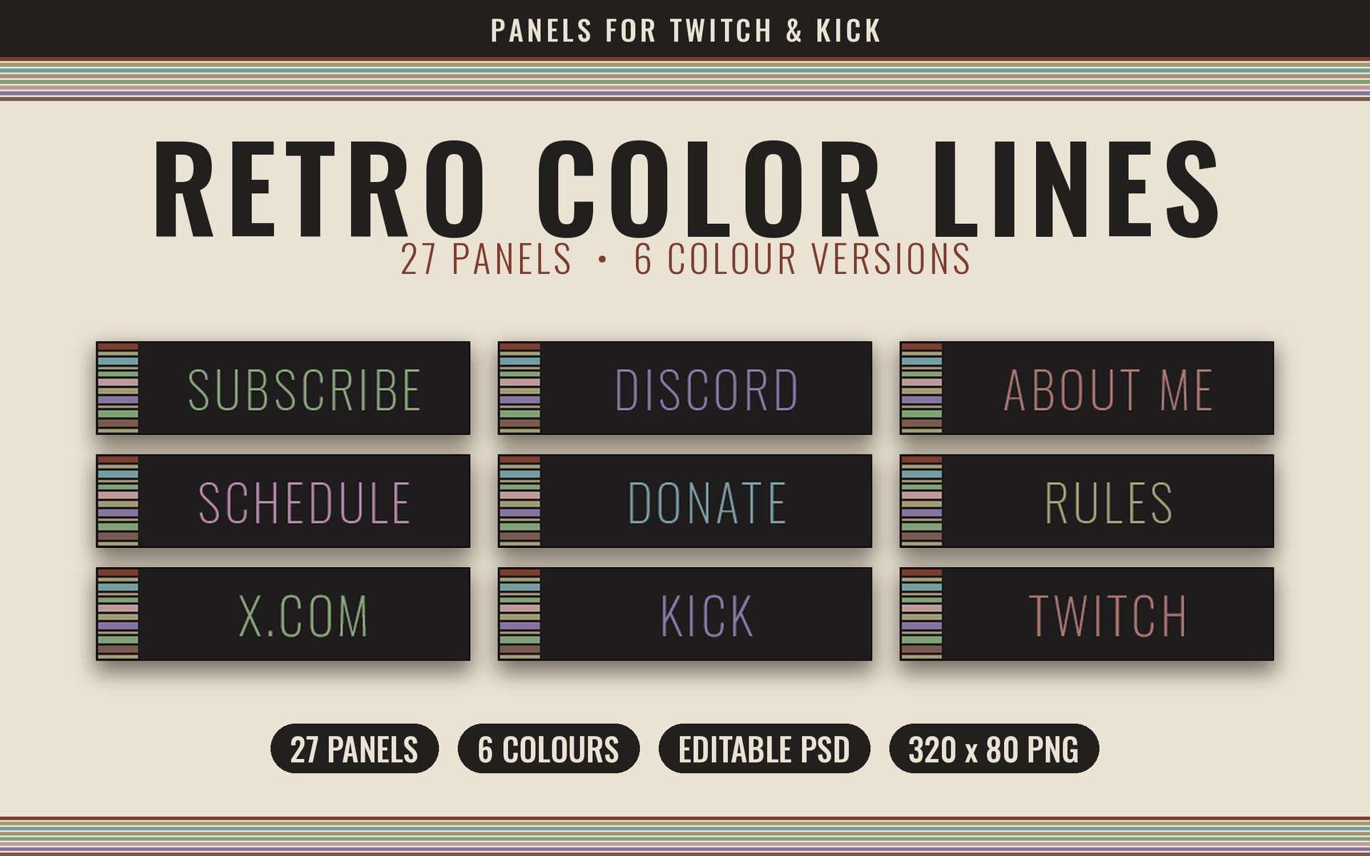 Retro Color Lines Twitch panel set showing Subscribe, Donate, Schedule and other headings with striped borders