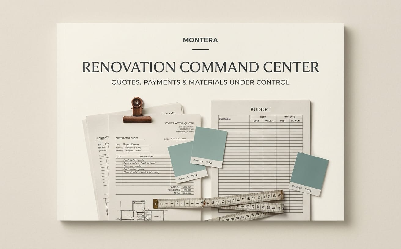 Renovation Command Center digital template cover with budget sheet, contractor quotes, payment tables, and stationery