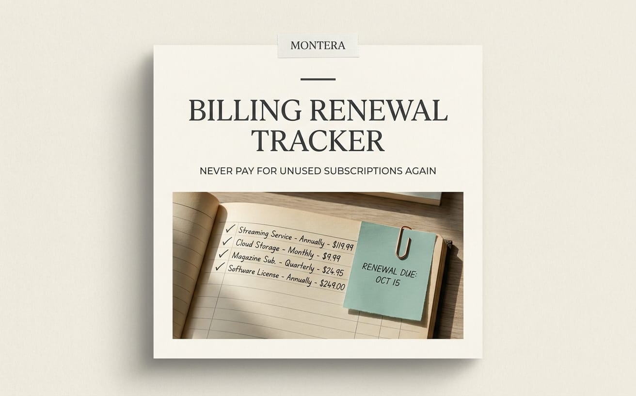 Billing renewal tracker Excel template cover with notebook checklist and renewal due note