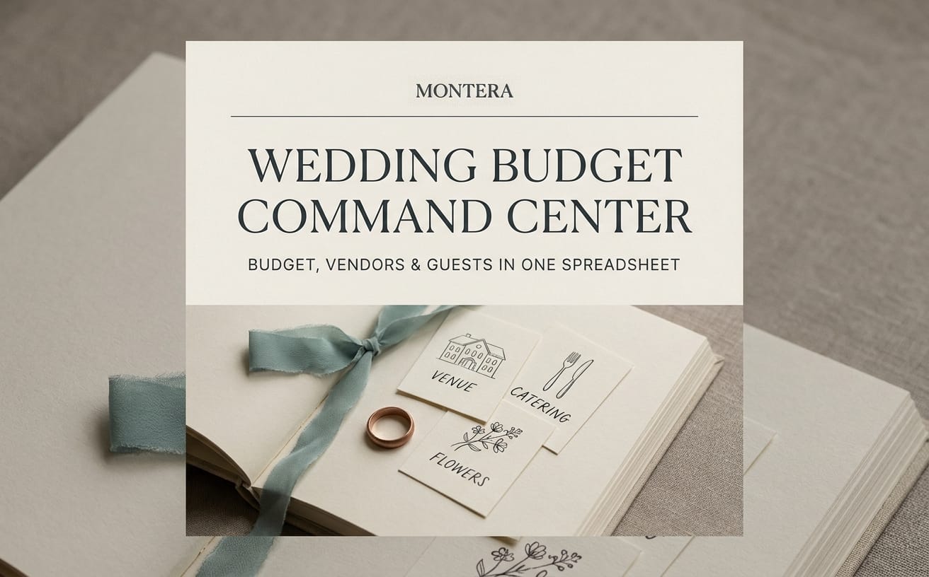 Wedding budget command center Excel template cover over stationery with venue, catering, and flowers tags