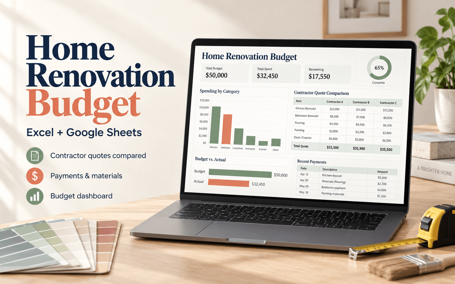 Home Renovation Budget & Contractor Tracker Spreadsheet