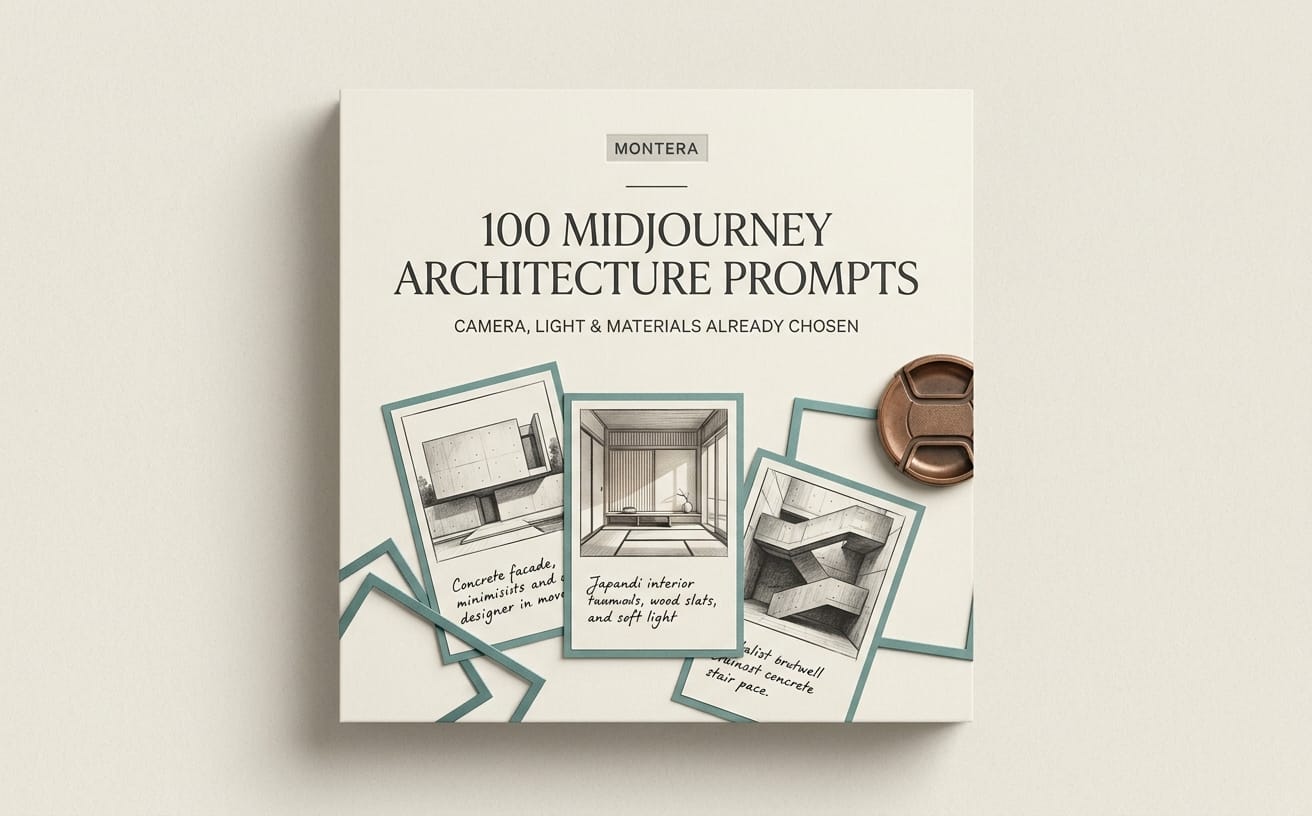 Promotional cover for 100 Midjourney architecture and interior prompts with sample print cards and camera lighting theme