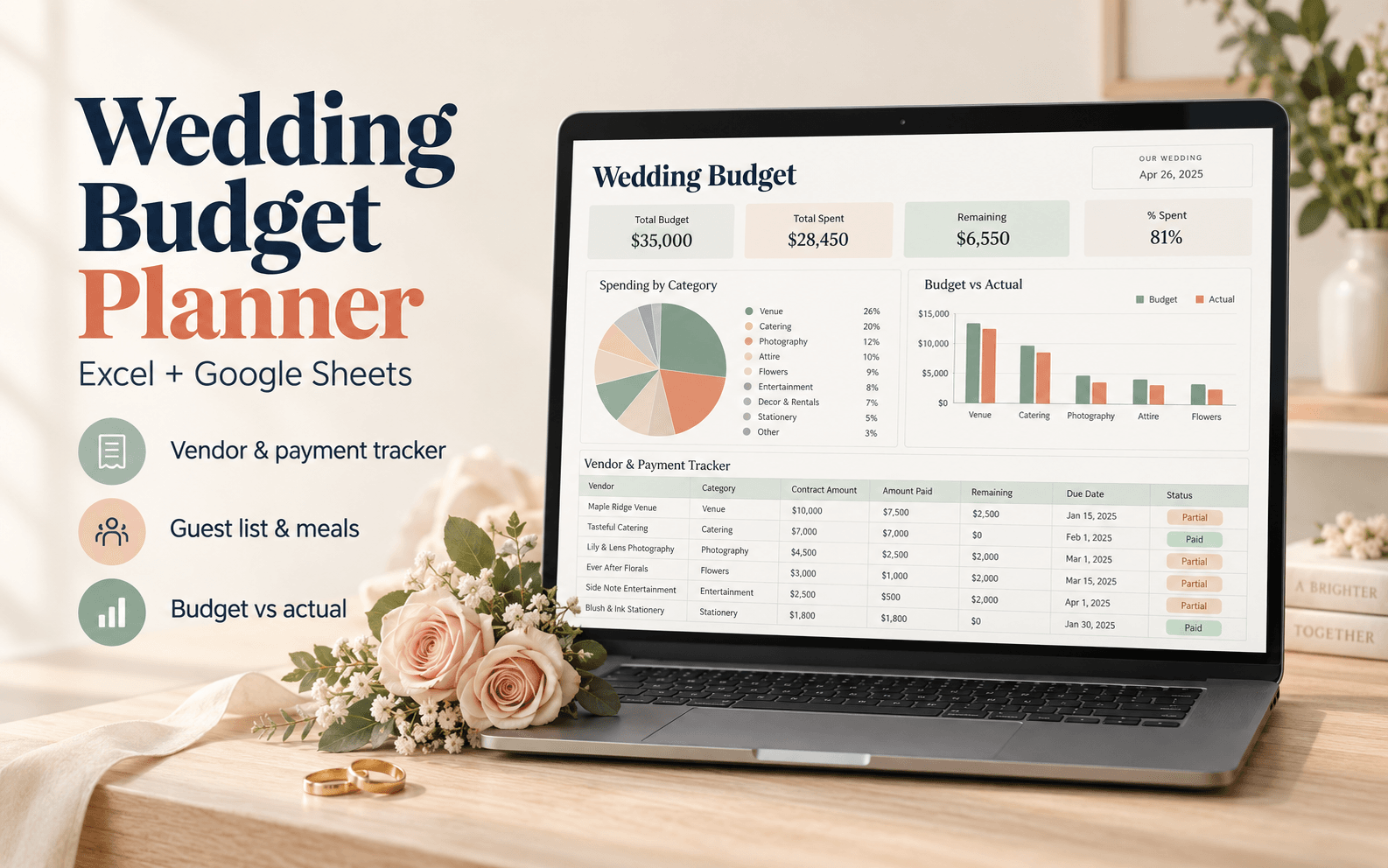 Wedding Budget & Vendor Tracker Spreadsheet