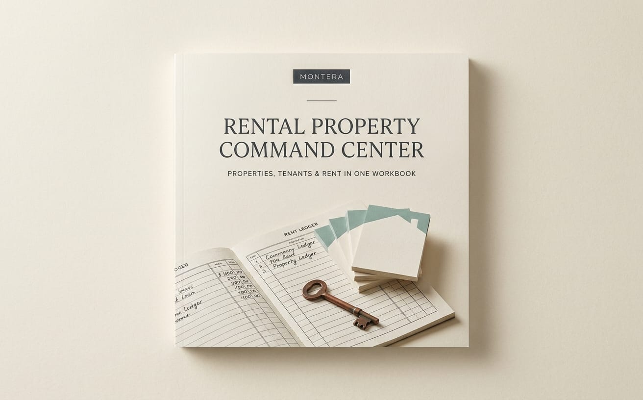 Rental property management workbook cover with rent ledger pages, tenant tracking, and keys illustration