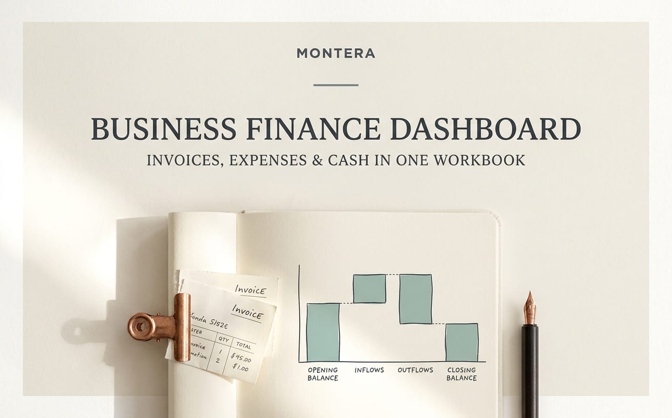 Minimalist promotional banner for Montera small business finance dashboard for invoices, expenses and cash in