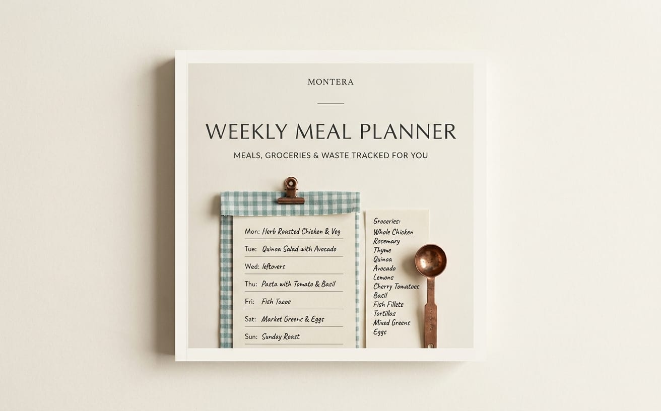 Weekly meal planner Excel template displayed with grocery list and days of the week on a printed page layout