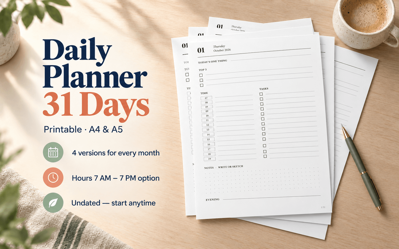 Printable daily planner sheets for 31 days displayed on a desk with A4 and A5 versions, alongside coffee and pen