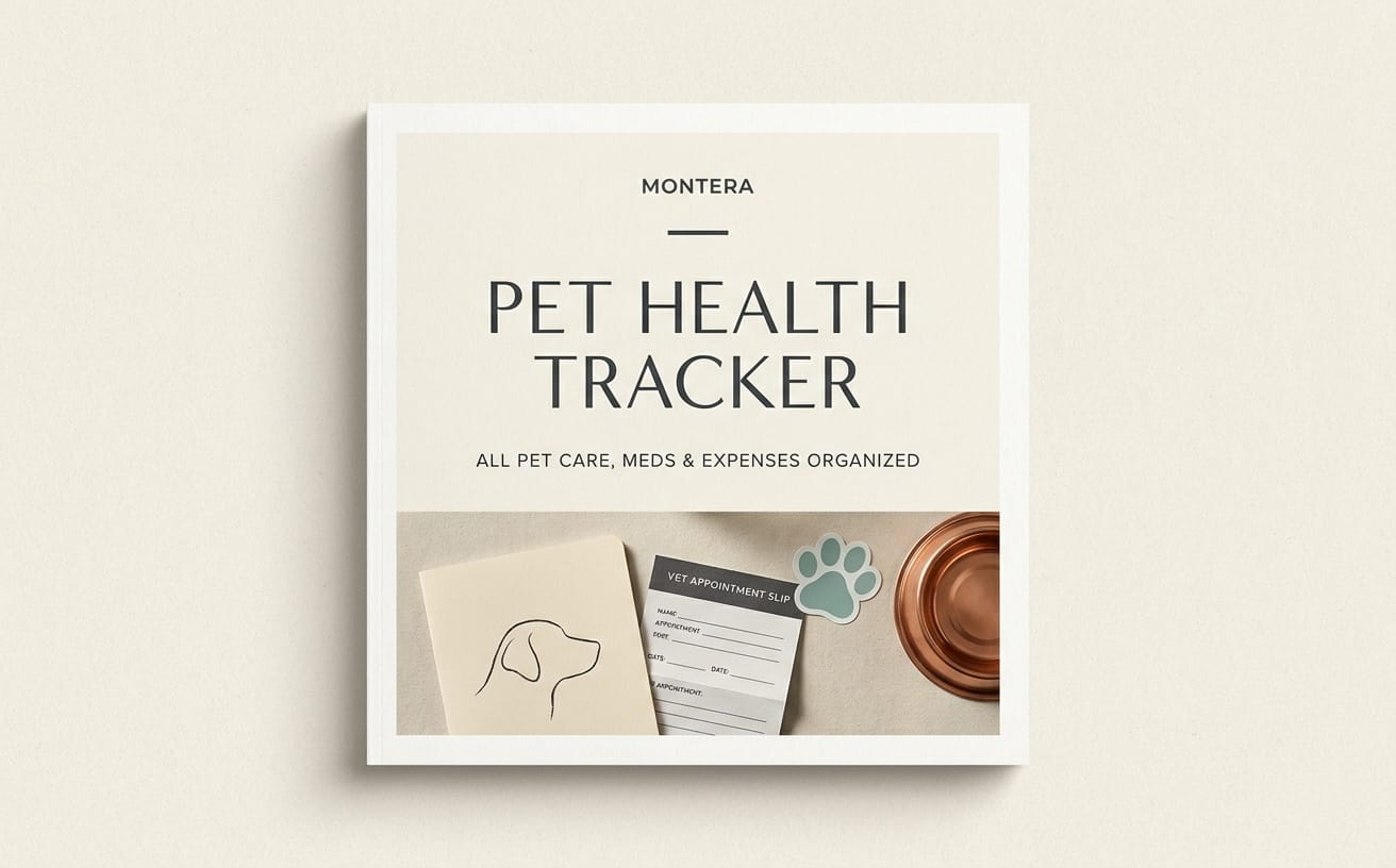 Pet Health Tracker Excel template cover with text and pet care documents and bowl on a page