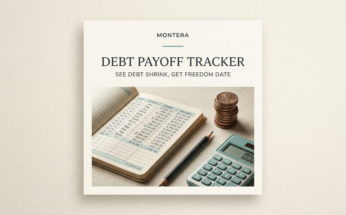 Debt payoff tracker Excel template cover with notebook, calculator, and coin stack displayed