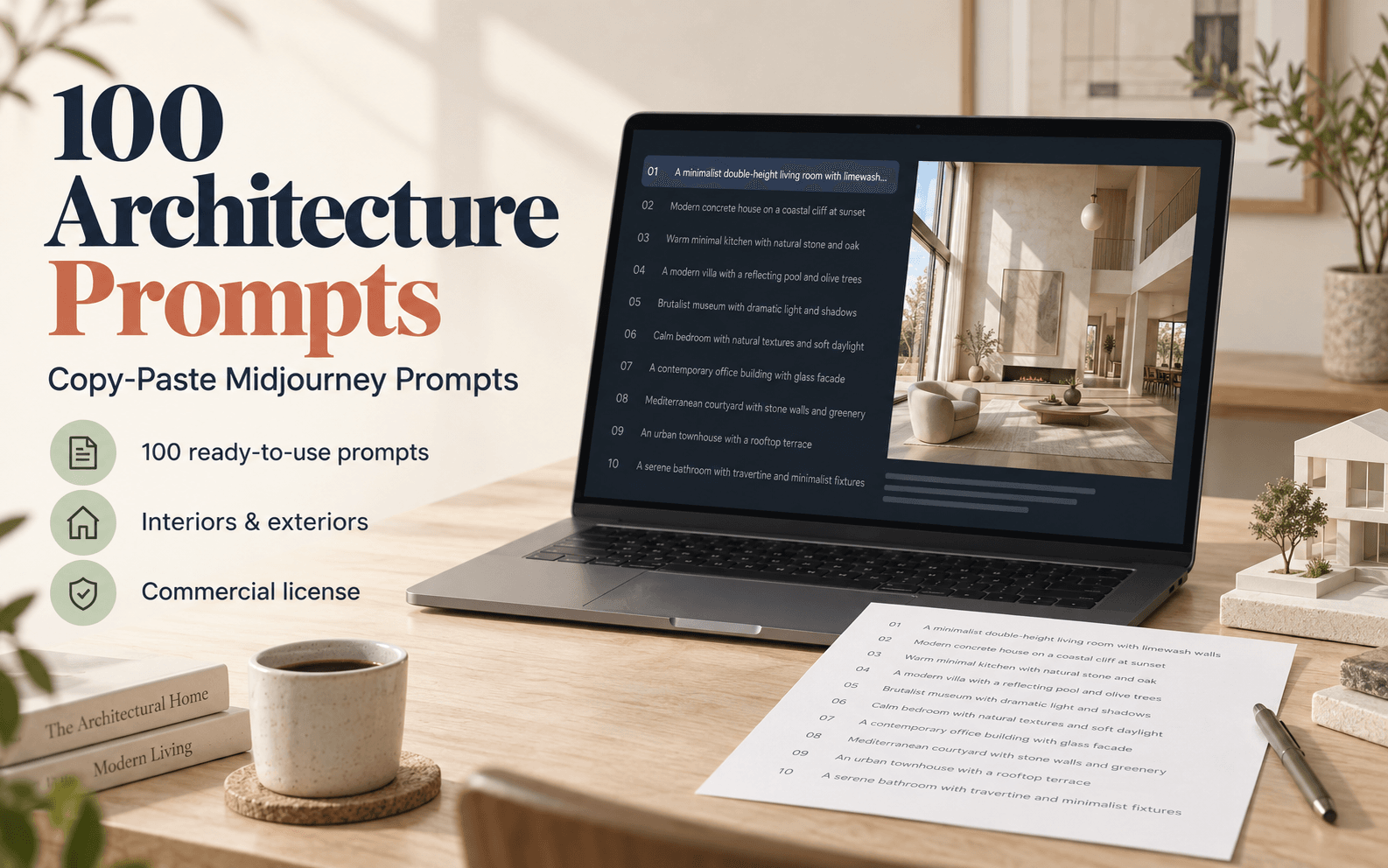 Laptop displaying architectural interior prompt list with 100 Architecture Prompts digital download banner