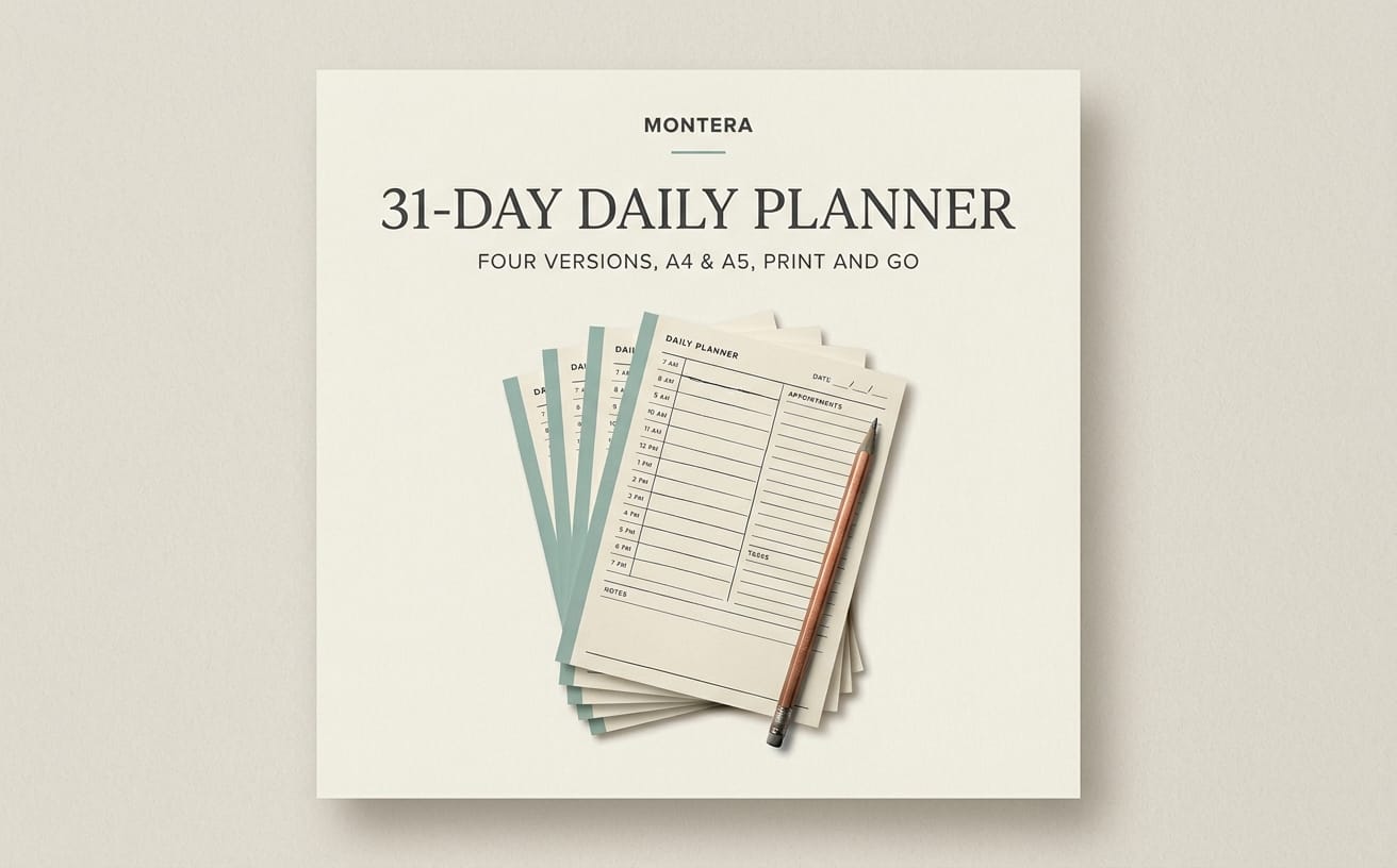 Printable 31-day daily planner template set with four versions on A4 and A5 sheets with pen on top