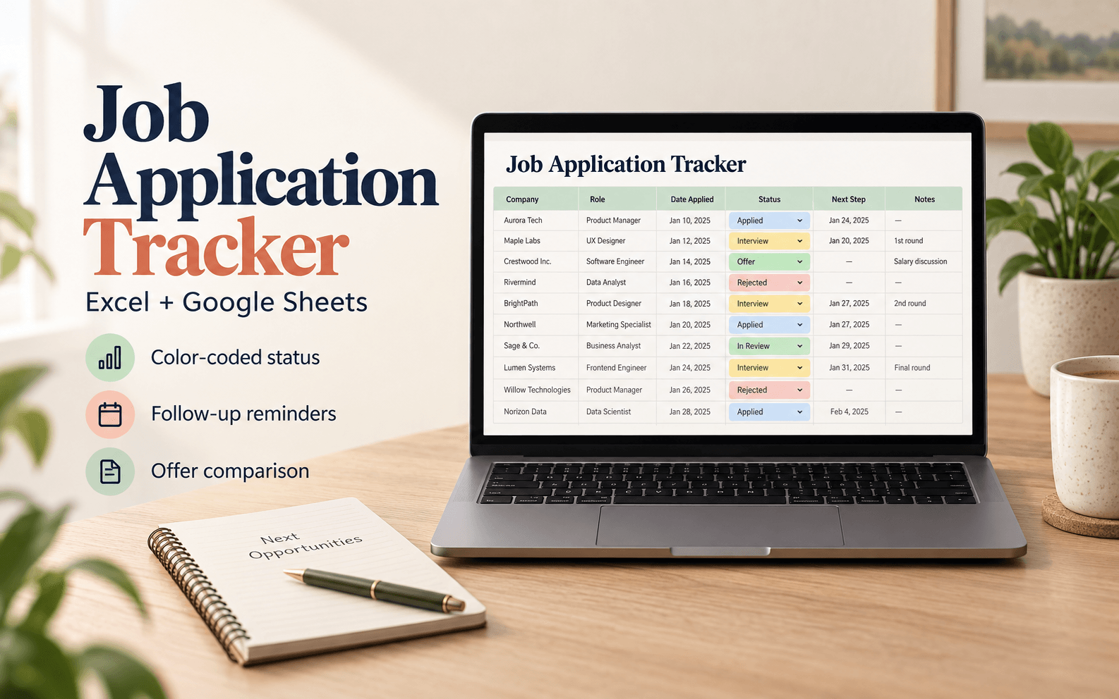 Job Application Tracker — Excel Spreadsheet with Dropdowns & Color-Coded Status
