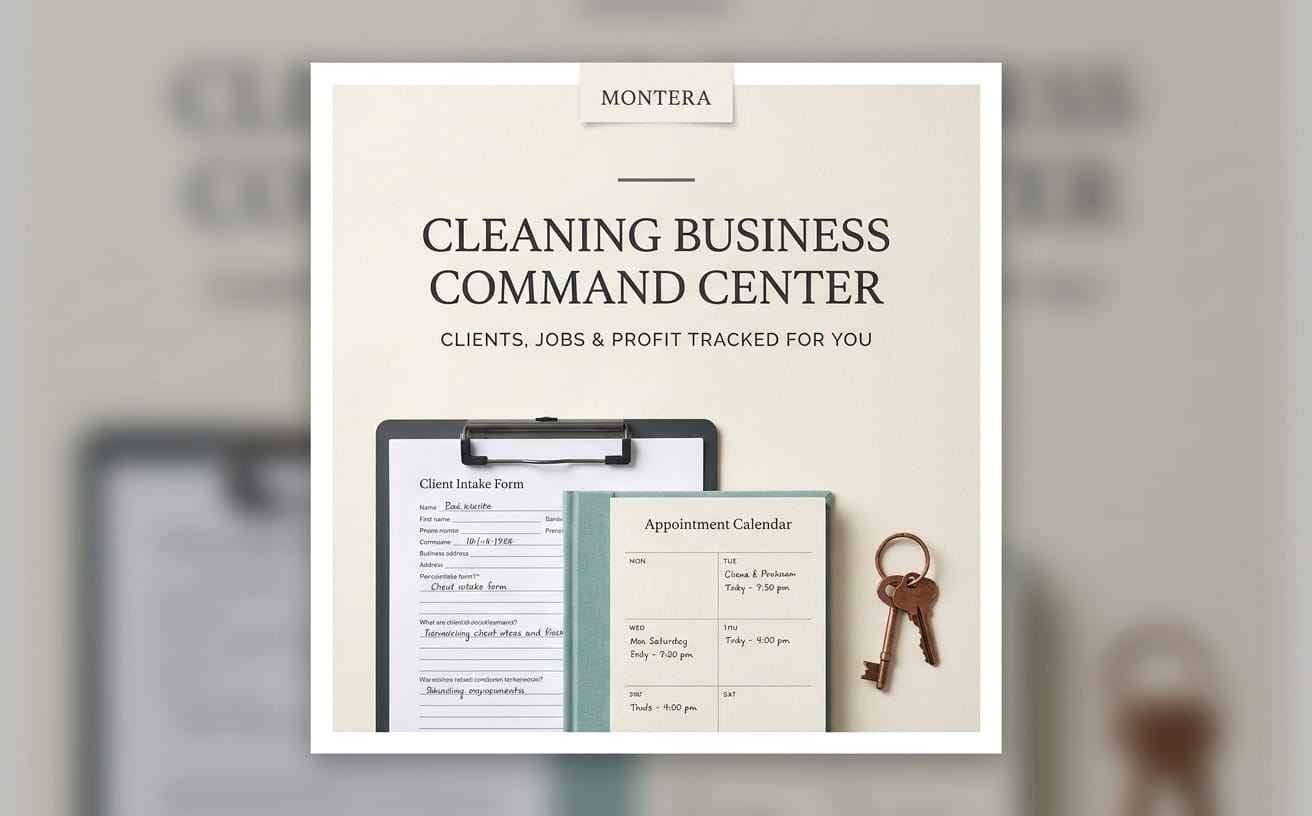 Cleaning Business Command Center digital template with client intake form, appointment calendar, and profit tracking