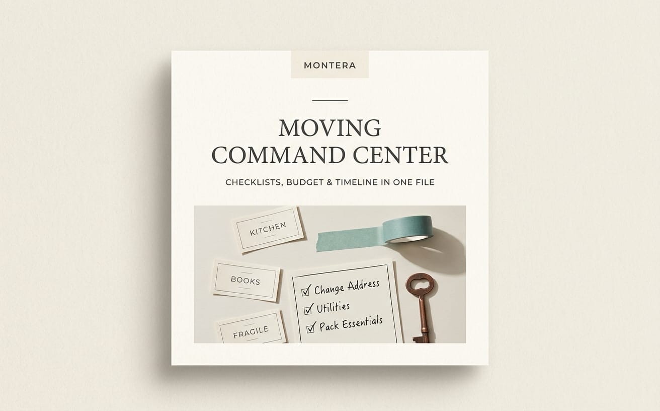 Moving command center template cover with checklists budget timeline design and suitcase labels photo backdrop