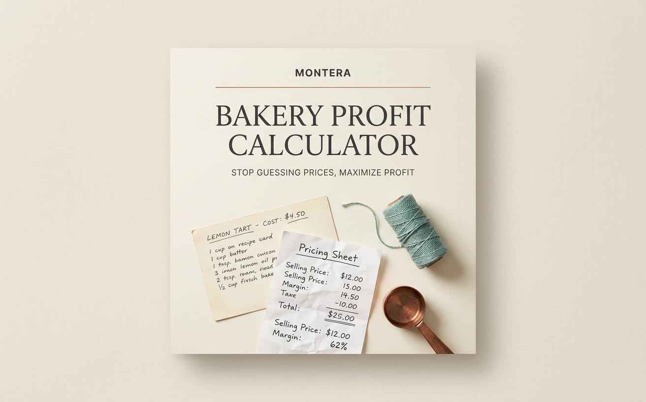 Bakery profit calculator Excel template cover with pricing sheet notes and baking tools on beige background