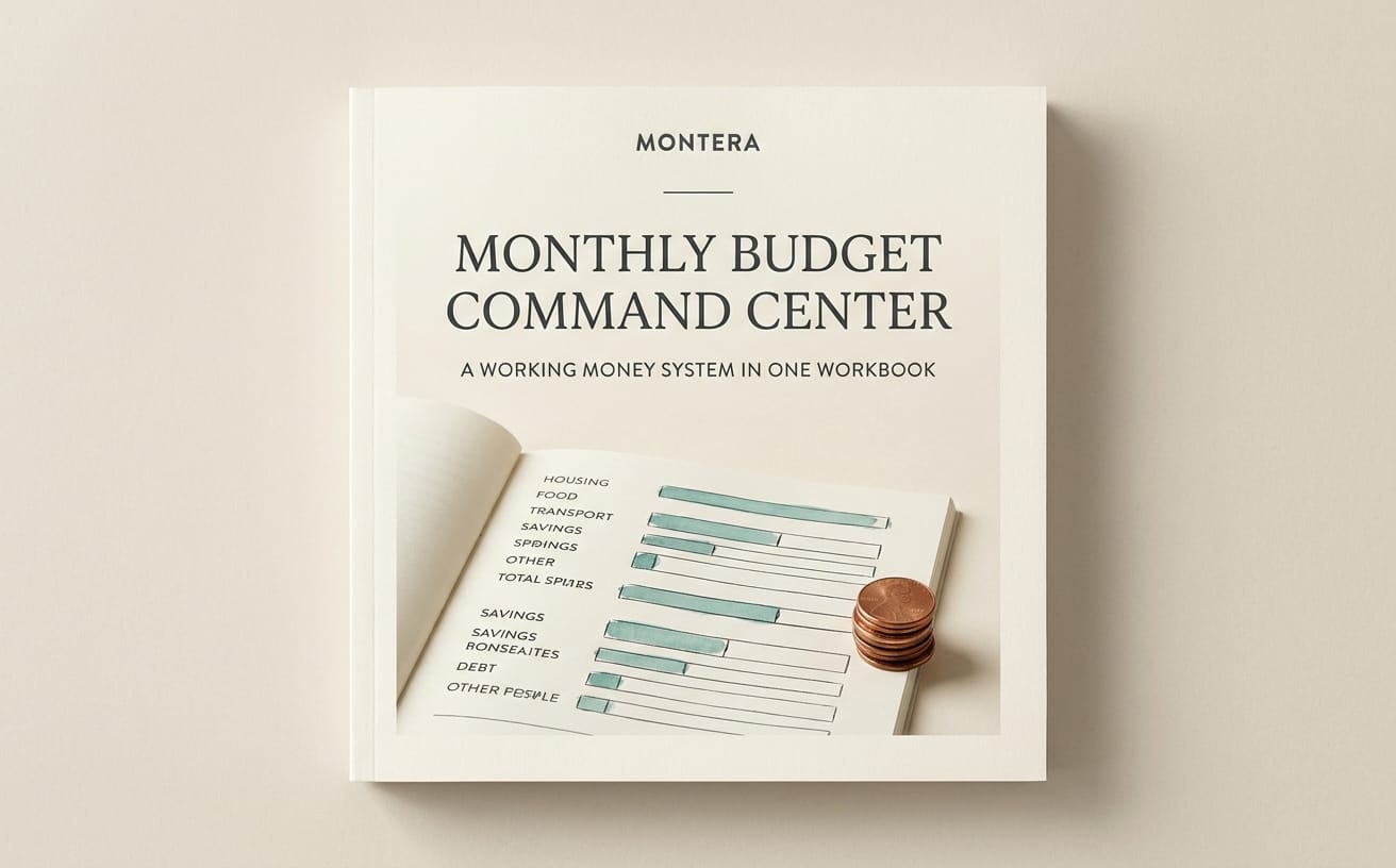 Montera monthly budget command center Excel template cover with budget worksheet and coin stack on white background