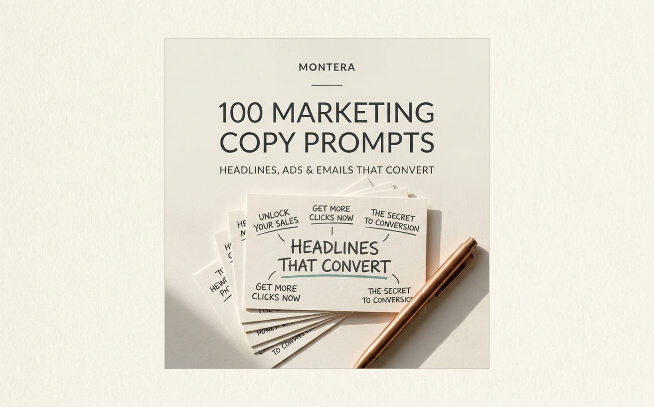 Marketing copy prompt ebook cover titled 100 Marketing Copy Prompts with stacked notes and a rose-gold pen