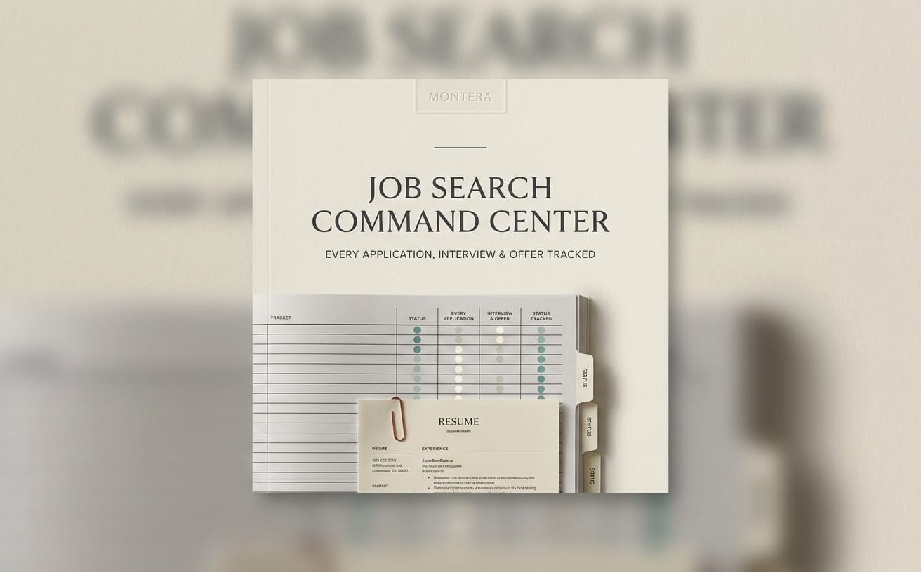 Job Search Command Center application tracker Excel template shown on a document cover layout with resume and tabs