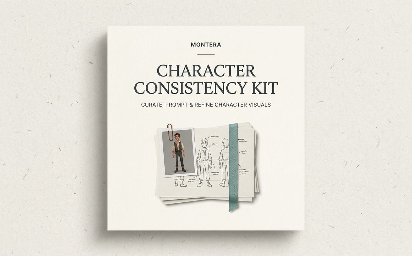 Fieldnotes Character Consistency Kit cover with character sketches and prompt refinement cards on a beige background